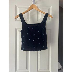 Old Navy Women’s Ribbed Cropped Tank Top Navy Blue Floral Embroidered Size M